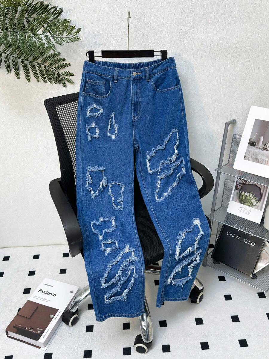 SHEIN Teen Boy Stylish Washed Ripped Loose Straight Leg Blue Jeans,Baggy Pants,For Spring And Summer Outfits