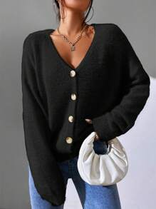 Flirla Women's Casual Solid Color Fluffy Cardigan, Autumn/Winter - Black - View 4