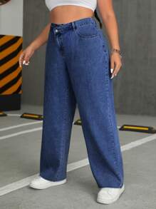 SHEIN ICON Plus Size Step Waistband Jeans - Medium Wash - View 3