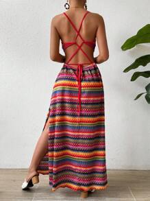 Breezaya Vestido De Tirantes De Espagueti Para Mujer Con Estampado Geométrico Y Cintura Ajustada - Multicolor - Ver 3