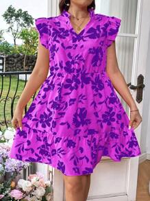 SHEIN Franclia Kích thước lớn Của phụ nữ Tím Lá sen Cạnh Tay áo Cổ tay áo Đầm - Màu tím - Xem 4