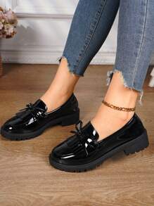 Women's Low-Heel British Style French Fringed Loafers With Bowknot, Thick Heel, Low Vamp, Patent Leather And Thick Sole Valentines