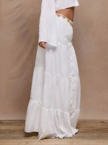 MUSERA Textured Woven Tiered Maxi Skirt Boho Summer Cute Party Bridal Hen Do Bachelorette - White - View 4