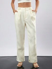 GENKIRA Pantalón recto suelto y elegante con bolsillo bordado y plisado para mujer - Albaricoque - Ver 5