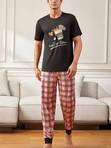 男士咖啡圖案短袖t恤居家套裝 - 彩色 - 查看 3