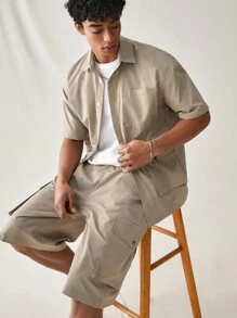 Manfinity RebelGame Set casual da 2 pezzi composto da camicia a maniche corte e pantaloncini in tessuto tinto unito, adatto per l'estate, amici, città