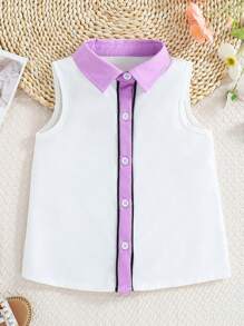 SHEIN Young Girl Color Block Patchwork Collar Sleeveless Top For Spring And Summer - Purple - View 6