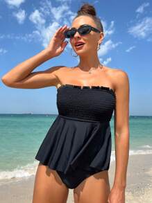 SHEIN Swim 女士純色斜肩上衣和泳裝下著套裝，適用於夏季、海灘、游泳池 - 黑色 - 查看 4