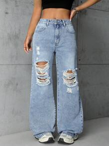 SHEIN EZwear Pantalones Holgados De Mezclilla Para Mujer Con Rasgaduras Y Bolsillos - Azul lavado medio - Ver 1