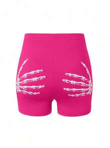 INAWLY Quần short mini in hình đầu lâu ôm vừa vặn mùa hè cỡ lớn - Màu Hồng Tươi - Xem 4