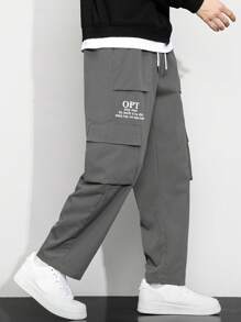 Claim Dot Men's Casual Loose Fit Cargo Pants With Slogan Graphics, Flap Pockets, Side Drawstring Waist, Fall - Dark Grey - View 3