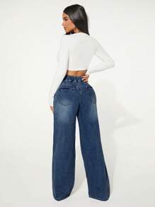 女式松紧腰抽绳宽松破洞牛仔裤，春夏 - 深色水洗藍 - 查看 3