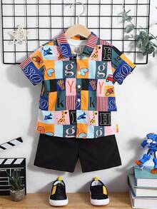 2入組幼兒男童可愛休閒印花領襯衫,帶一個口袋和純色短褲,適合外出、度假、學校、春夏季節穿著 - 藍色 - 查看 7