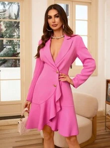 Aveloria Solid Color Metal Buckle Asymmetric Ruffle Hem Long Sleeve Suit Dress - Hot Pink - View 5