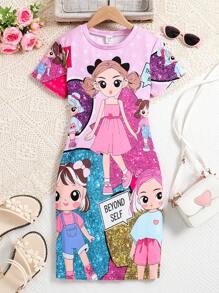 SHEIN Girls' Printed Short Sleeve Dress (Tween Girl) - Hot Pink - View 1