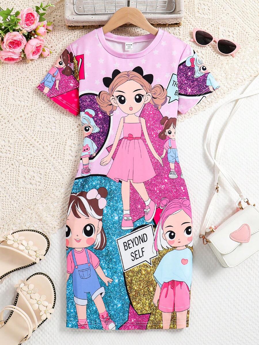 SHEIN Girls' Printed Short Sleeve Dress (Tween Girl) - Hot Pink - View 1