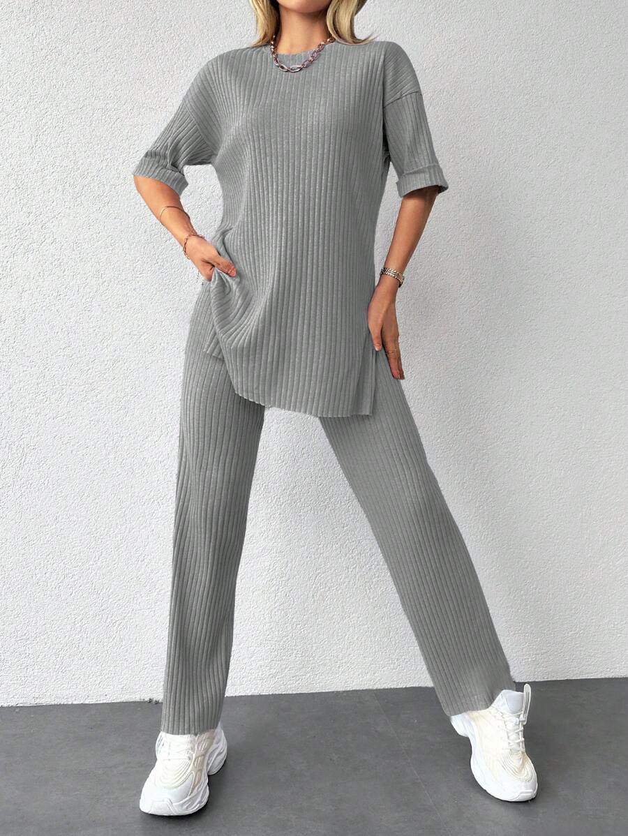 EURMUSE Split Hem Tee & Leggings - Grey - View 1