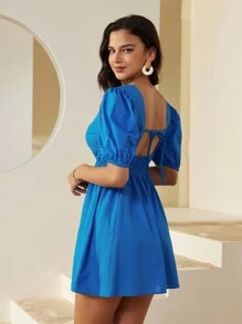 GENKIRA Vestido azul para mujer con cuello en V elástico, mangas cortas abullonadas con cintura fruncida y línea A - Azul - Ver 2