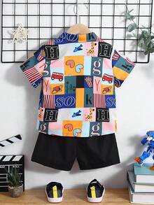 2入組幼兒男童可愛休閒印花領襯衫,帶一個口袋和純色短褲,適合外出、度假、學校、春夏季節穿著 - 藍色 - 查看 2