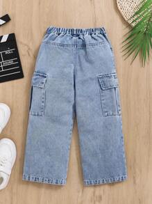 SHEIN Young Girl Street Fashion, Cool And Sweet Wide-Legged Denim Jeans With Big Pockets Summer Holiday - Light Wash - View 2
