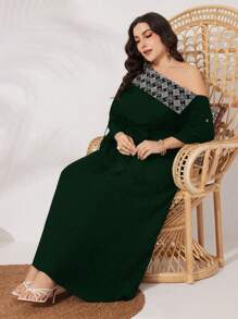 Al Najma 加大碼阿拉伯服飾幾何印花不對稱領連衣裙 - 綠色 - 查看 3