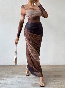 Chiquease Gradient Color Round Neck Pleated Long Sleeve Dress Maxi Women Outfit Fall Cloth For Women - Coffee Brown - View 5