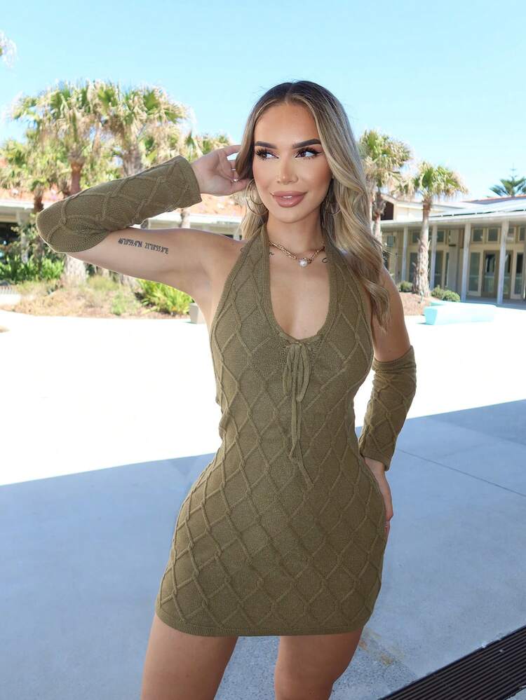 Women's Halter Solid Color Fashionable Dress With Sleeve Covers Set