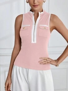 SHEIN Privé 女士立領彩塊背心上衣，帶邊緣修飾 - 彩色 - 查看 2