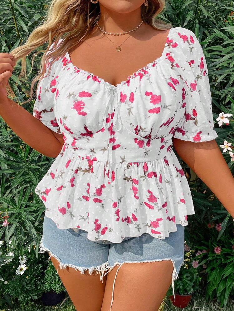 Plus Size Sweetheart Collar And Babydoll Hem Printed Blouse