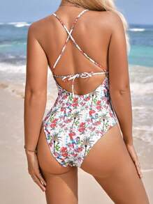 SHEIN Swim Printed Random Crisscross Backless Knotted One-Piece Swimsuit - White - View 2