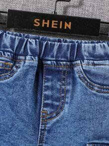 SHEIN 男婴春夏水洗翻盖口袋侧松紧腰工装牛仔短裤，夏季下装 - 淺色水洗藍 - 查看 4