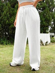 SHEIN EZwear Pantalones De Pierna Recta Con Cordón Para Mujeres De Talla Grande