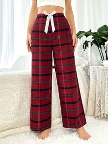 Pantalones De Salón Para Mujeres Con Decoración De Cuadros Y Lazo - Rojo - Ver 5