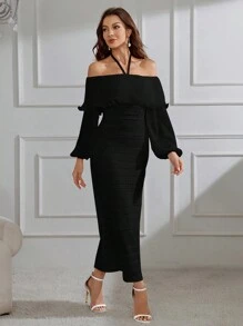 Modelyn Robe longue fendue ras-du-cou avec encolure halter de couleur unie