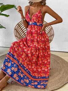 SHEIN Holidaya Váy Halterneck hở lưng in hoa khối màu dành cho nữ - Đỏ - Xem 3