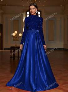 Faeriesty Vestido formal de satén con cuello alto y lentejuelas de contraste Faeriesty