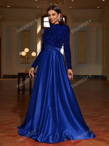 Faeriesty Vestido formal de satén con cuello alto y lentejuelas de contraste Faeriesty