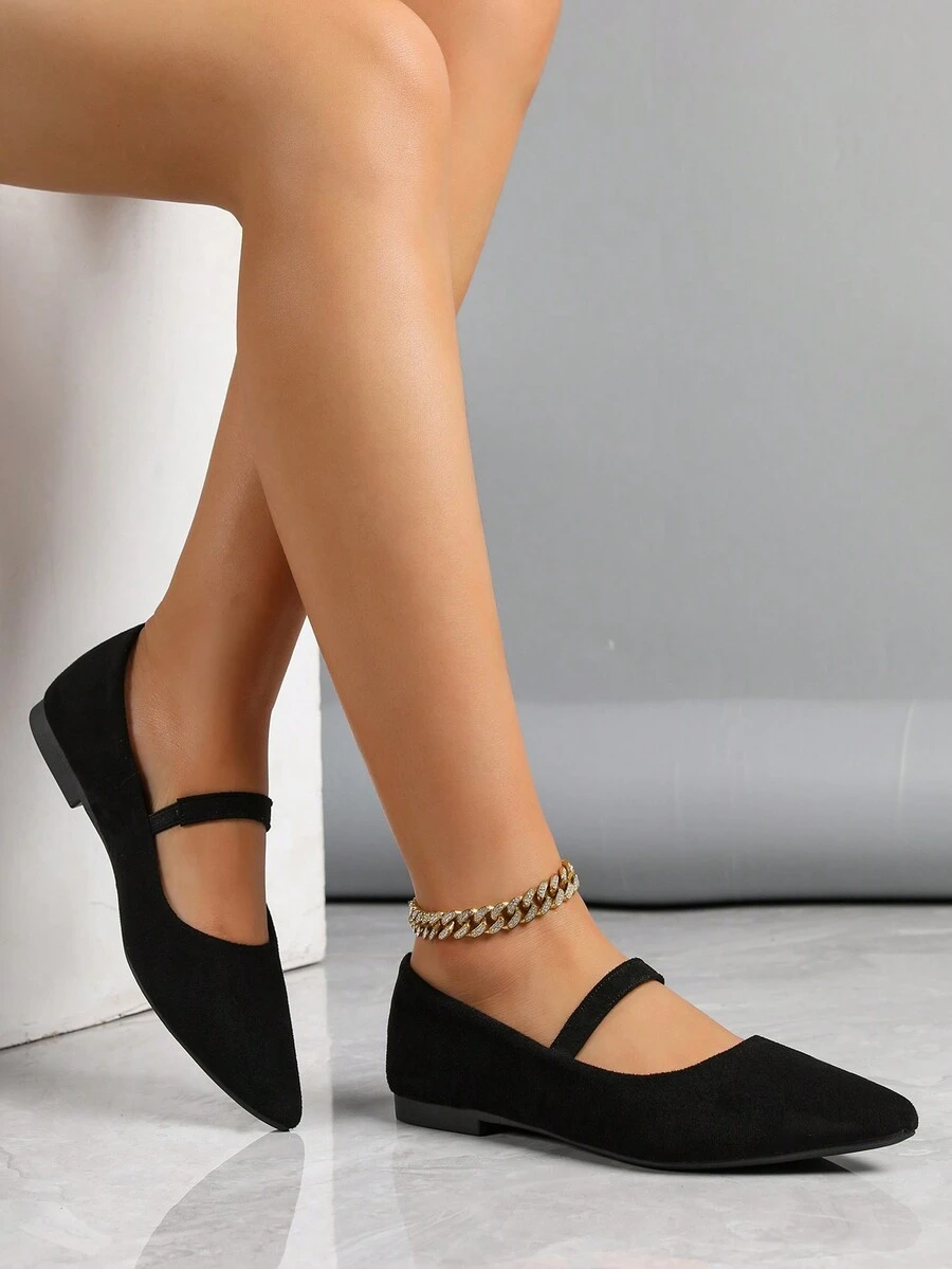 女士簡約款仿麂皮尖頭平底鞋 - 黑色 - 查看 1