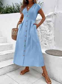 SHEIN LUNE 女性時尚夏季優雅v領分裂搭扣連衣裙 - 藍色 - 查看 5