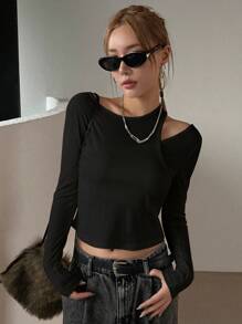 DAZY Women's Solid Color Asymmetrical Collar Long Sleeve Cropped T-Shirt, Perfect For Spring And Summer,Back To School Clothes - Black - View 4