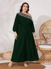 Al Najma 加大碼阿拉伯服飾幾何印花不對稱領連衣裙 - 綠色 - 查看 1