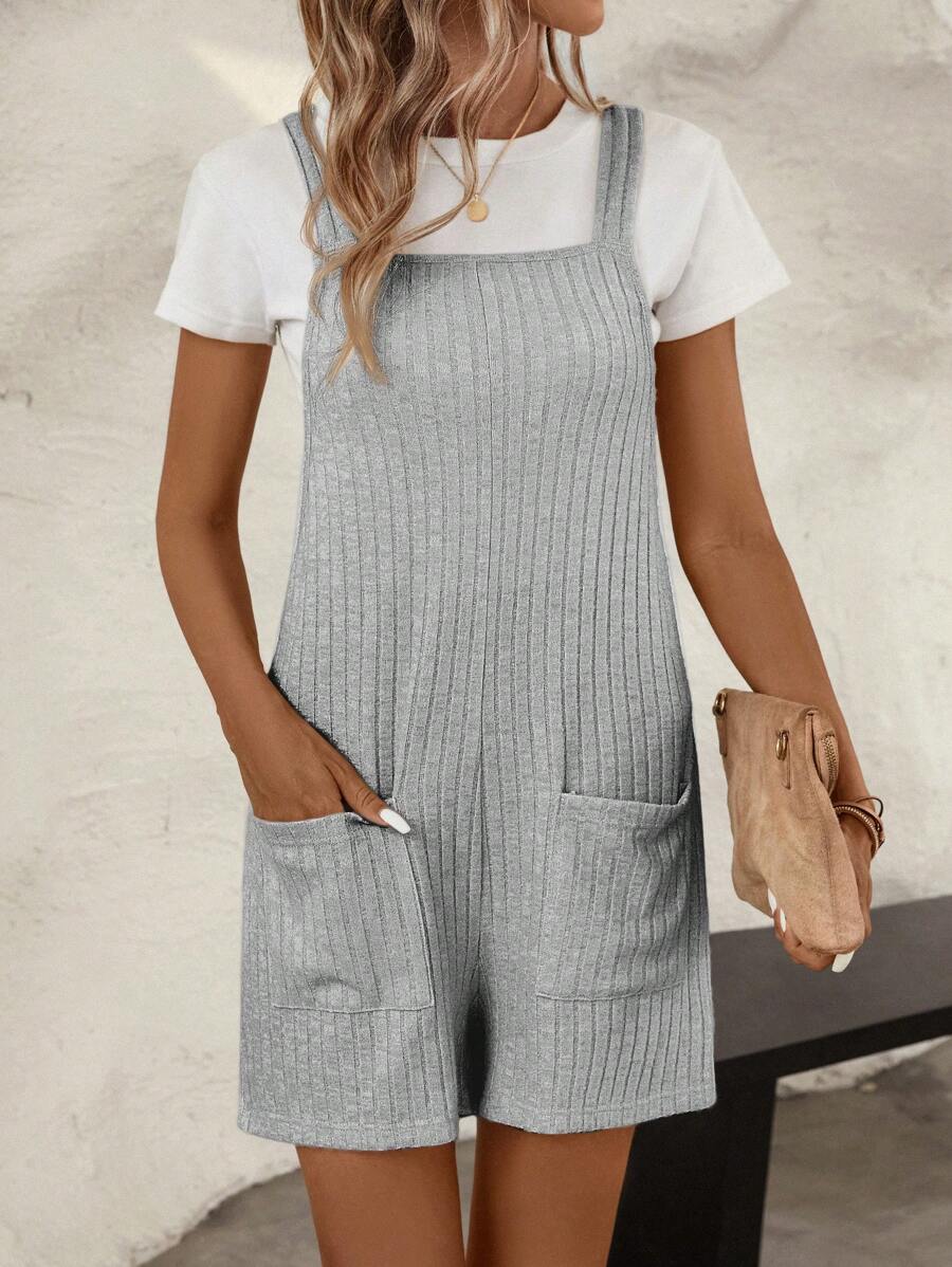 SHEIN LUNE Ladies' Short Overall Jumpsuit With Fleece Texture, Adjustable Straps, Double Patch Pockets And Casual Style