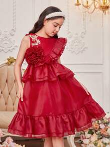 SHEIN Tween Girls' Elegant Round Neckline Layered Ruffle Edge Dress With 3d Flower Decor - Burgundy - View 5