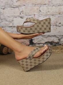 女士厚底坡跟凉鞋，新款春夏圆头玫瑰亚麻棕色人字拖，时尚玫瑰编织厚底休闲拖鞋，百搭大码女鞋