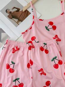 SHEIN Conjunto de pijama para verano de niña adolescente con camisola estampada de cerezas y pantalones cortos con volantes - Rosa - Ver 4