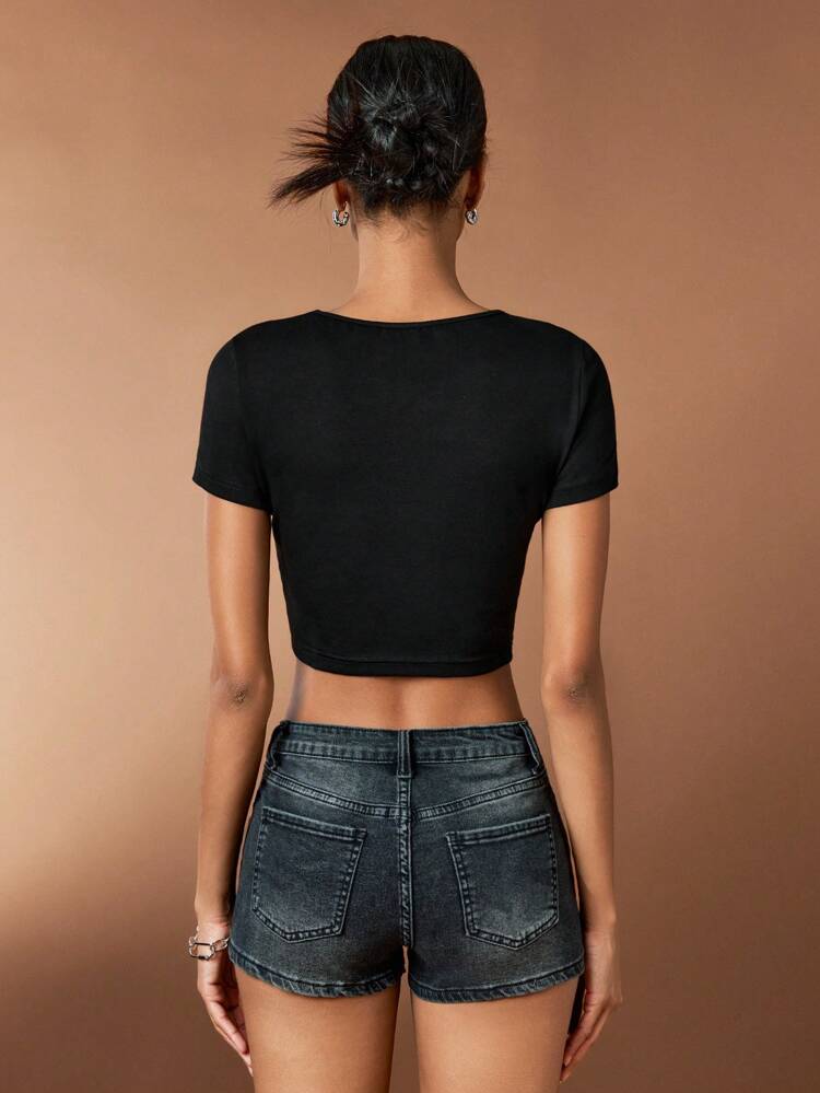 Metal Hook Closure Black Hollow Out Short Sleeve T-Shirt