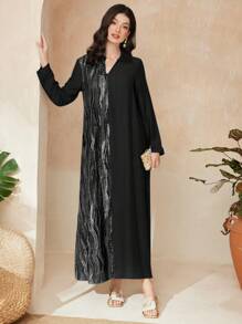 Seusyu Women's Arab Style Color-Block Turn-Down Collar Long Sleeve Dress - Black - View 7