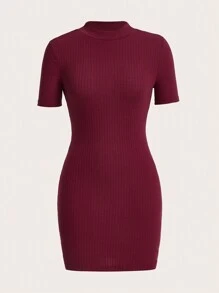 SHEIN BASICS 素色羅紋針織包臀連衣裙 - 紫紅色 - 查看 1