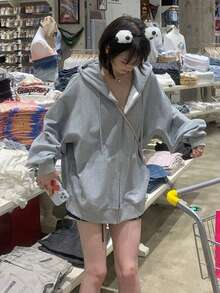 Solid Drop Shoulder Drawstring Hoodie,Long Sleeve Tops - Light Grey - View 6