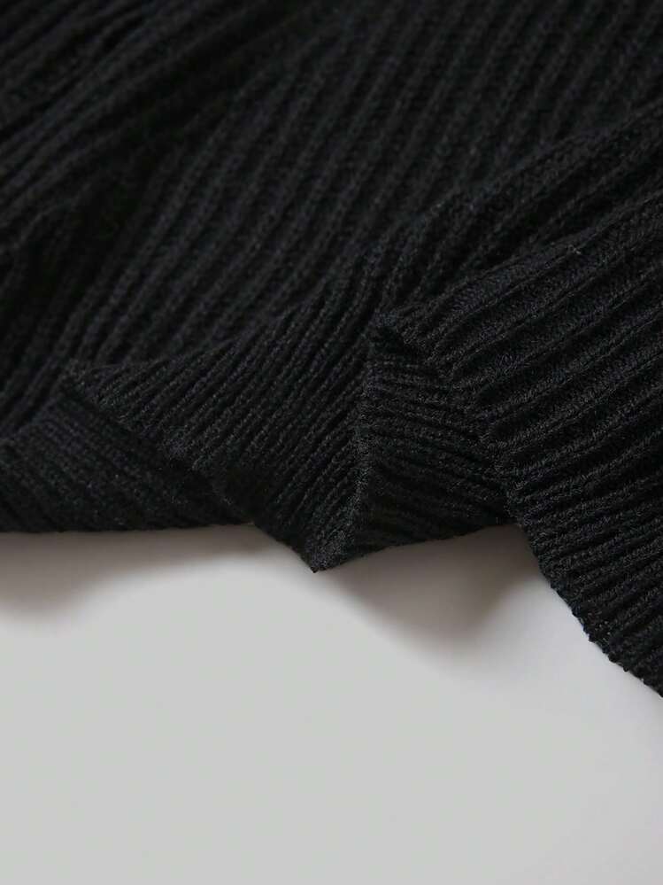 Cardigan de malha canelada de cor sólida plus size - Preto - Ver 8